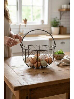 Rustic Metal Wire Basket With Handle For Eggs Decor & Storage